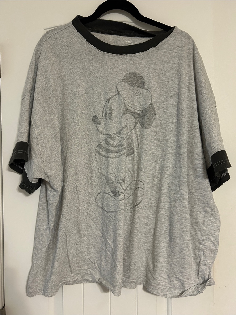 aerie Light Gray Mickey Mouse Graphic Ringer Tee with Black Trim
